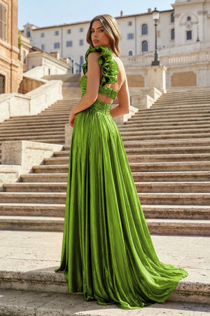A-Line Fuchsia One Shoulder Keyhole Pleated Metallic Prom Dress with Slit – Prom Dresses by KissProm | Available at KissProm