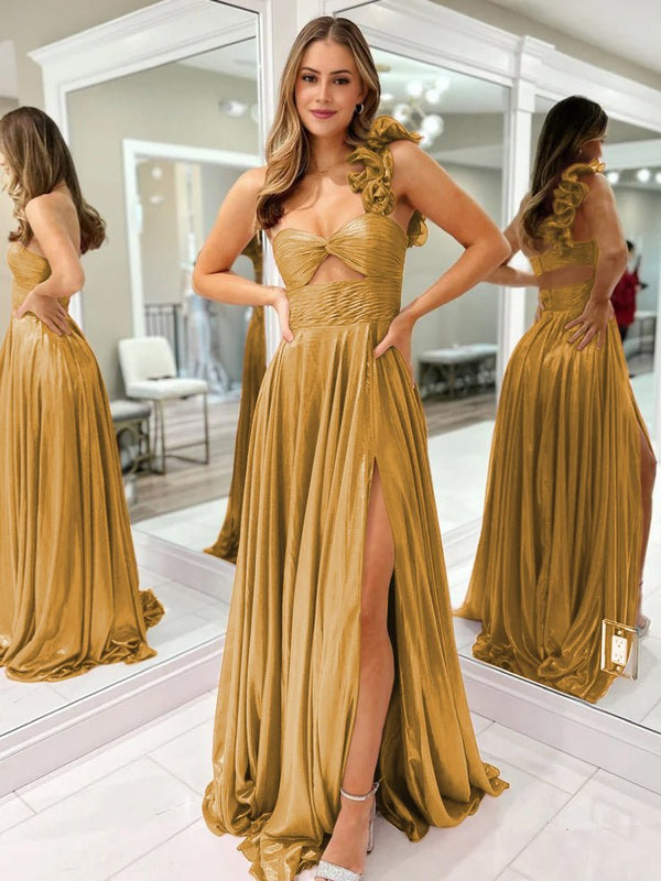 A-Line Fuchsia One Shoulder Keyhole Pleated Metallic Prom Dress with Slit – Prom Dresses by KissProm | Available at KissProm
