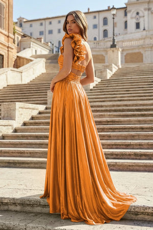 A-Line Fuchsia One Shoulder Keyhole Pleated Metallic Prom Dress with Slit – Prom Dresses by KissProm | Available at KissProm