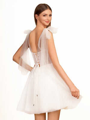 Jessalyn | A-Line Tie Shoulder Ivory Spraying Short Party Dress