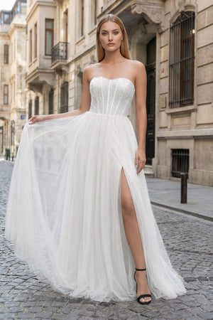 A - Line Sweetheart Beads Empire - Waist Sleeveless Prom Dress With Slit - KissProm