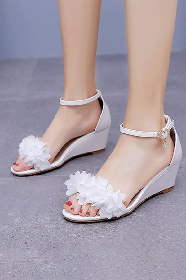 White Floral Open Toe Ankle - Strap Beach Sandals - KissProm