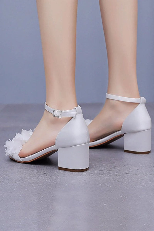 White Floral Satin Open Toe Low Chunky Heels - KissProm