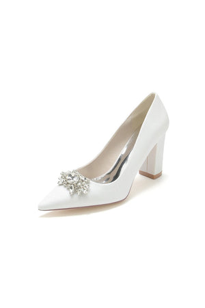 White Glitter Pointed Toe Chunky Heels With Rhinestone - KissProm