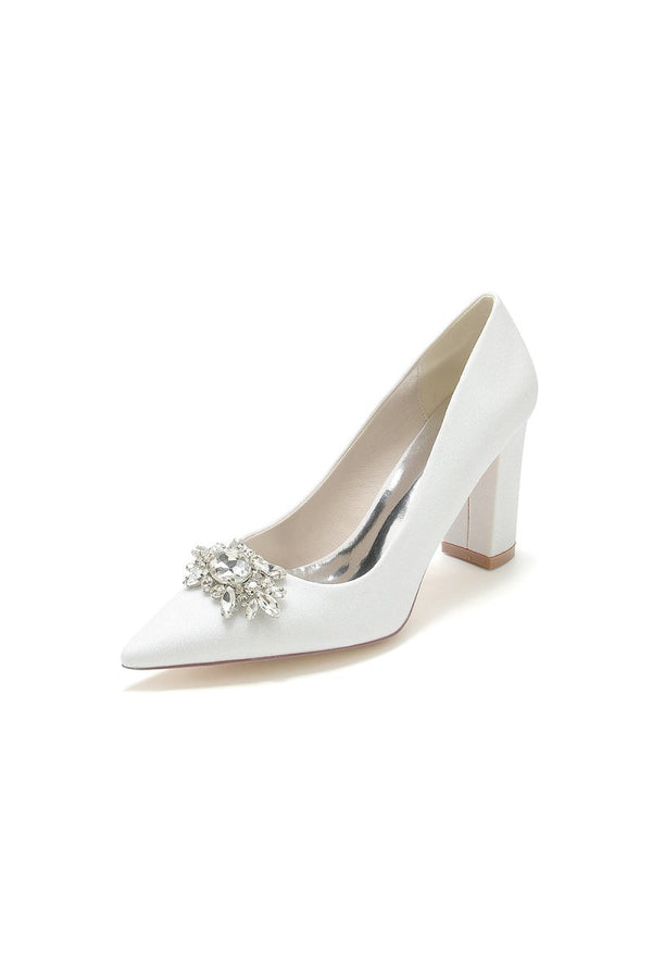 White Glitter Pointed Toe Chunky Heels With Rhinestone - KissProm
