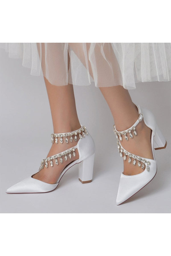 White High Heels with Chain and Crystal Accent - KissProm