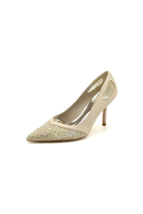 Champagne High Heels with Silver Bead and Lace Trim - KissProm