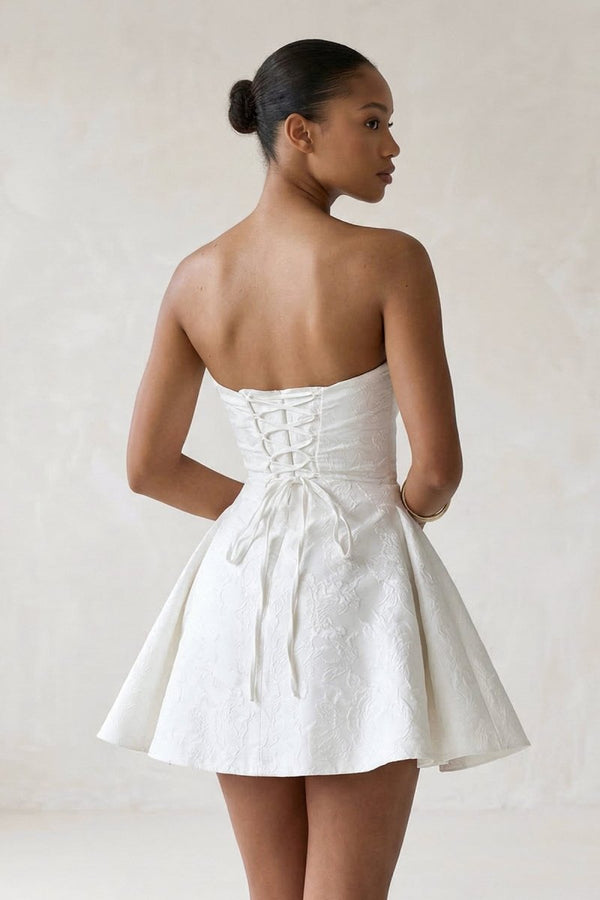White Jacquard Sweetheart Graduation Dress - KissProm