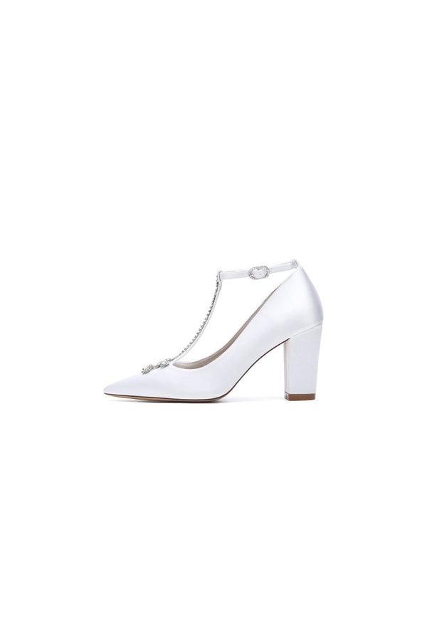 White Leather Pump with Silver Chain and Crystal Accent - KissProm