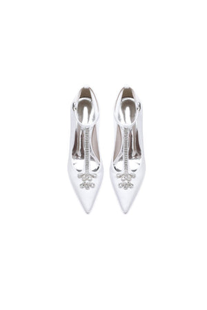 White Leather Pump with Silver Chain and Crystal Accent - KissProm