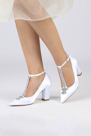 White Leather Pump with Silver Chain and Crystal Accent - KissProm