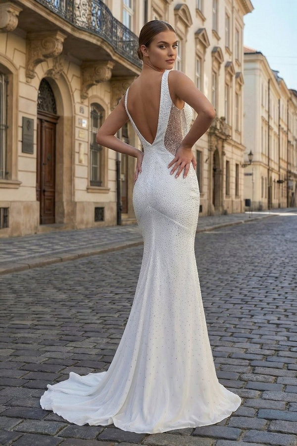  White Mermaid V - Neck Beaded Long Prom Dress - KissProm