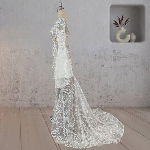 White Mermaid Enchantment Flower Prints Wedding Dress