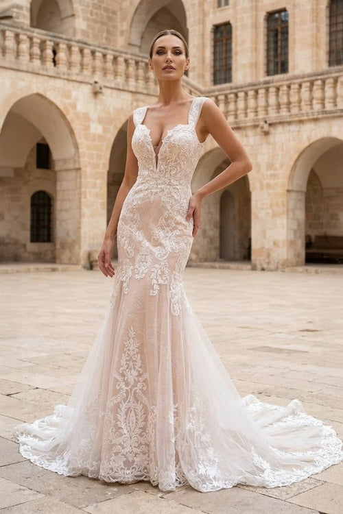 Mermaid Off the Shoulder Lace Wedding Dresses with Train - KissProm