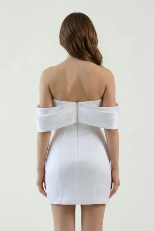 White Off - the - Shoulder Ruched Satin Graduation Dress - KissProm
