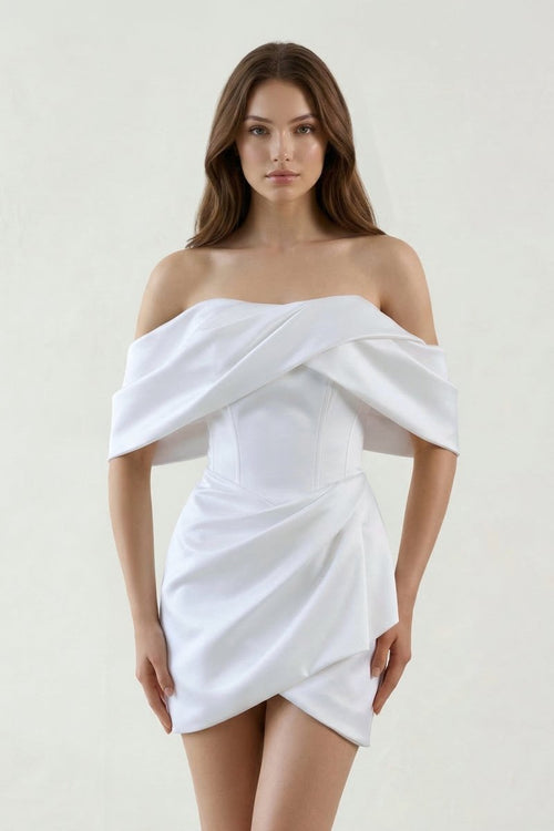 White Off - the - Shoulder Ruched Satin Graduation Dress - KissProm