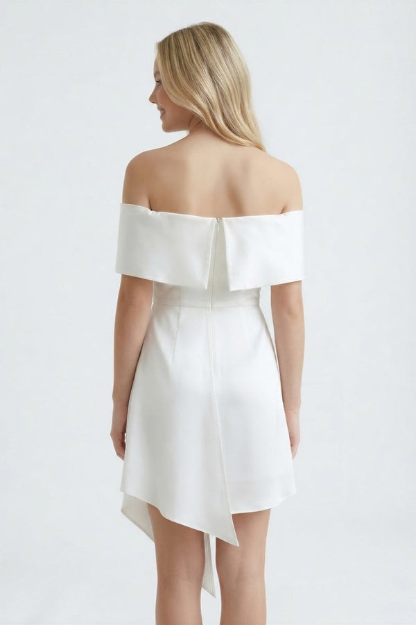 White Off - the - Shoulder Sheath Satin Graduation Dress - KissProm