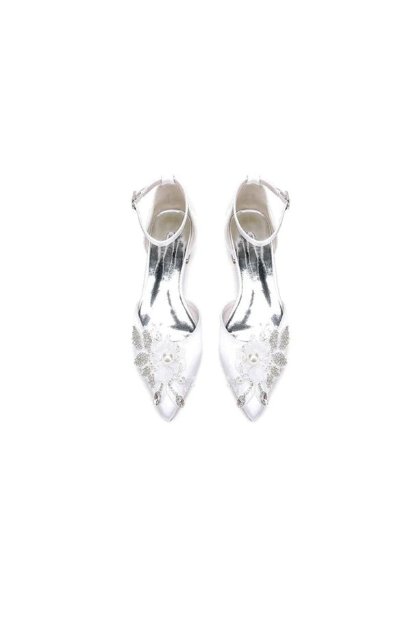 White Pointed Toe Ankle Strap Low Heels with Rhinestone - KissProm