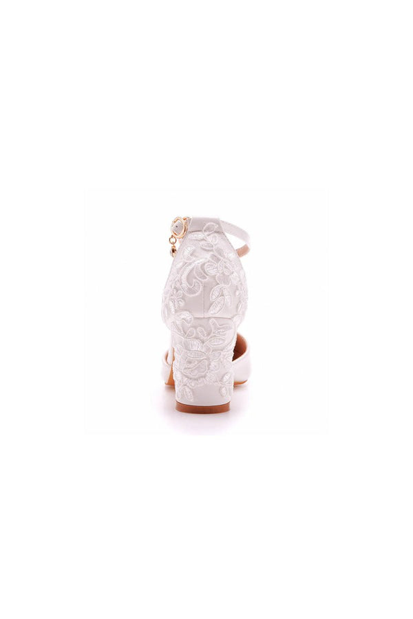White Pointed Toe Lace Ankle Strap Chunky Heels - KissProm