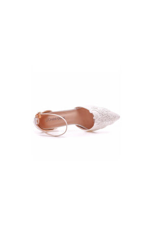 White Pointed Toe Lace Ankle Strap Chunky Heels - KissProm