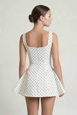White Polka Dot Square Neck A - Line Mini Graduation Dress - KissProm