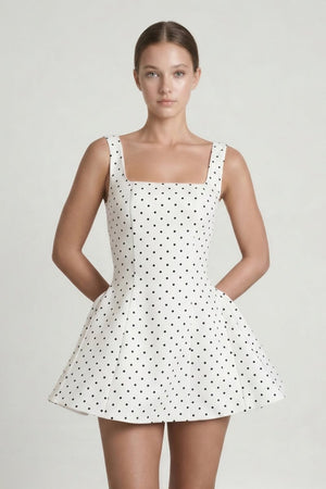 White Polka Dot Square Neck A - Line Mini Graduation Dress - KissProm