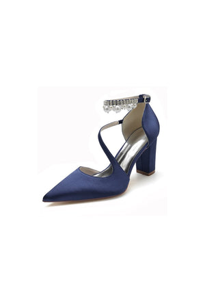 White Satin Heels with Cross - Strap Design and Pearl - Accented Buckle - KissProm