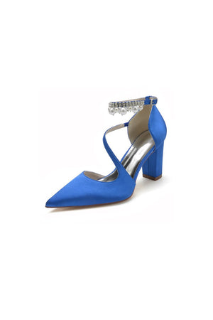 White Satin Heels with Cross - Strap Design and Pearl - Accented Buckle - KissProm
