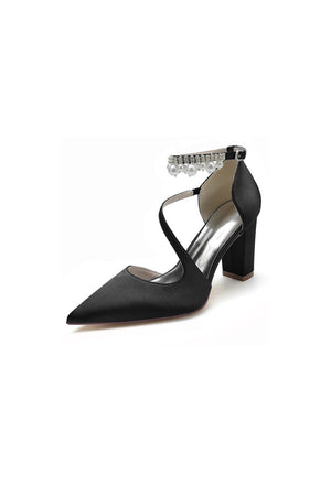 White Satin Heels with Cross - Strap Design and Pearl - Accented Buckle - KissProm