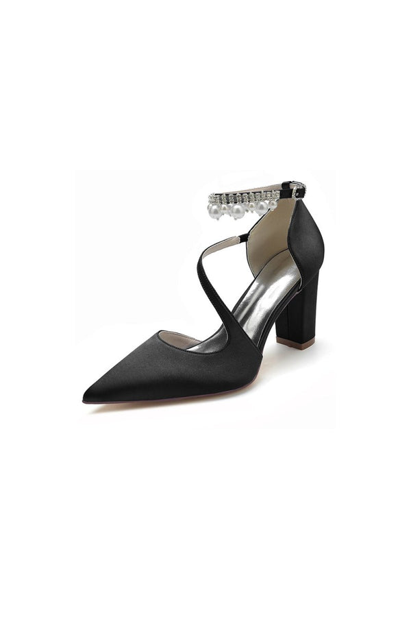 White Satin Heels with Cross - Strap Design and Pearl - Accented Buckle - KissProm