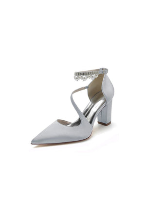 White Satin Heels with Cross - Strap Design and Pearl - Accented Buckle - KissProm