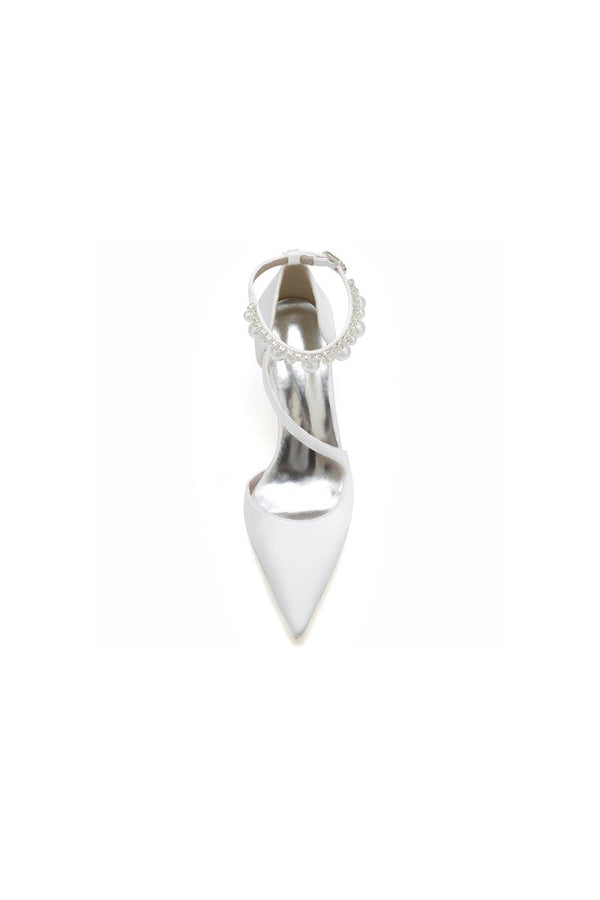 White Satin Heels with Cross - Strap Design and Pearl - Accented Buckle - KissProm
