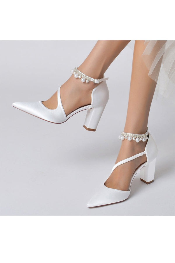 White Satin Heels with Cross - Strap Design and Pearl - Accented Buckle - KissProm
