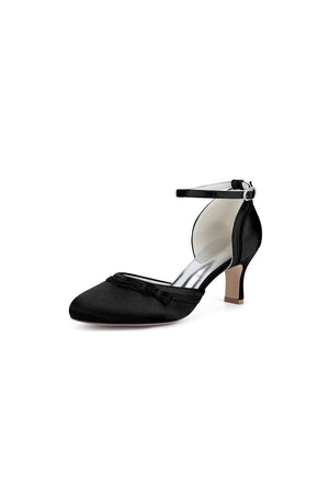 Navy Blue Satin High Heels with Bow Accent - KissProm