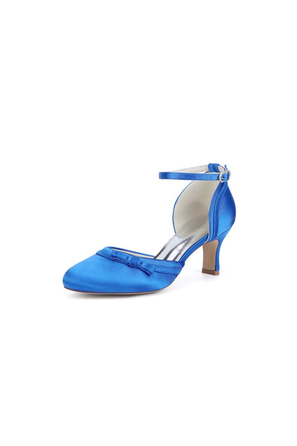 Navy Blue Satin High Heels with Bow Accent - KissProm