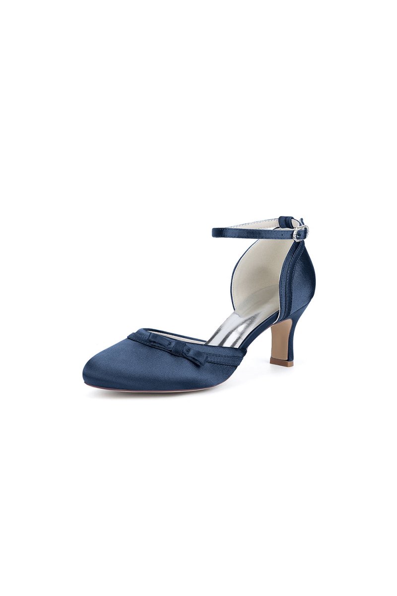 Navy Blue Satin High Heels with Bow Accent - KissProm
