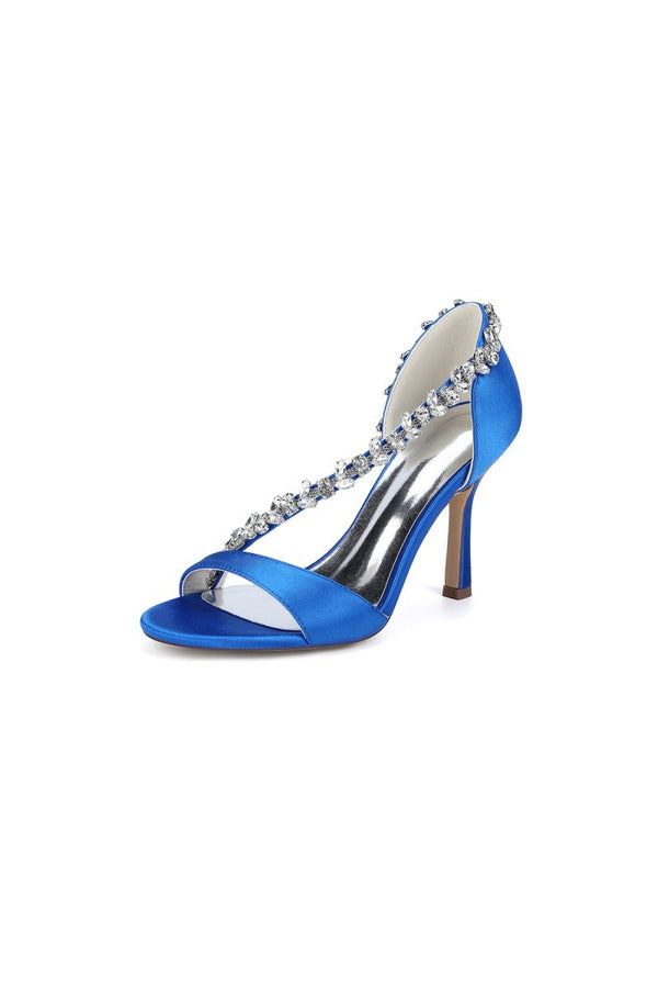White Satin High Heels with Crystal and Chain Embellishments - KissProm