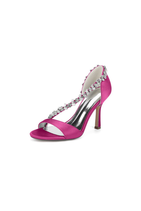 White Satin High Heels with Crystal and Chain Embellishments - KissProm