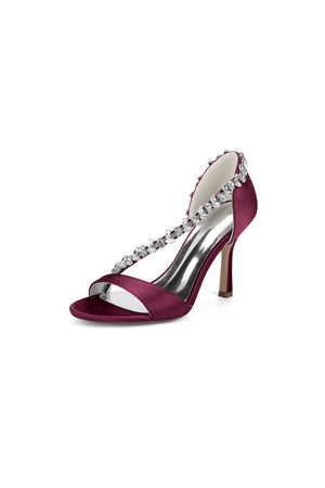 White Satin High Heels with Crystal and Chain Embellishments - KissProm