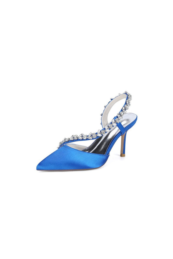 White Satin High Heels with Crystal Embellishments - KissProm