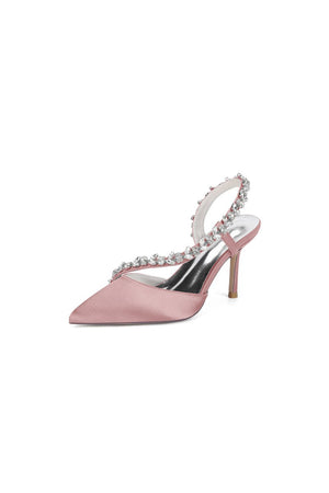 White Satin High Heels with Crystal Embellishments - KissProm
