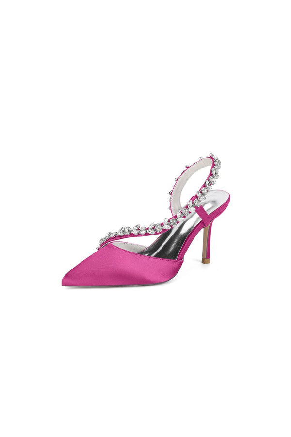 White Satin High Heels with Crystal Embellishments - KissProm