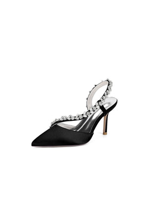 White Satin High Heels with Crystal Embellishments - KissProm