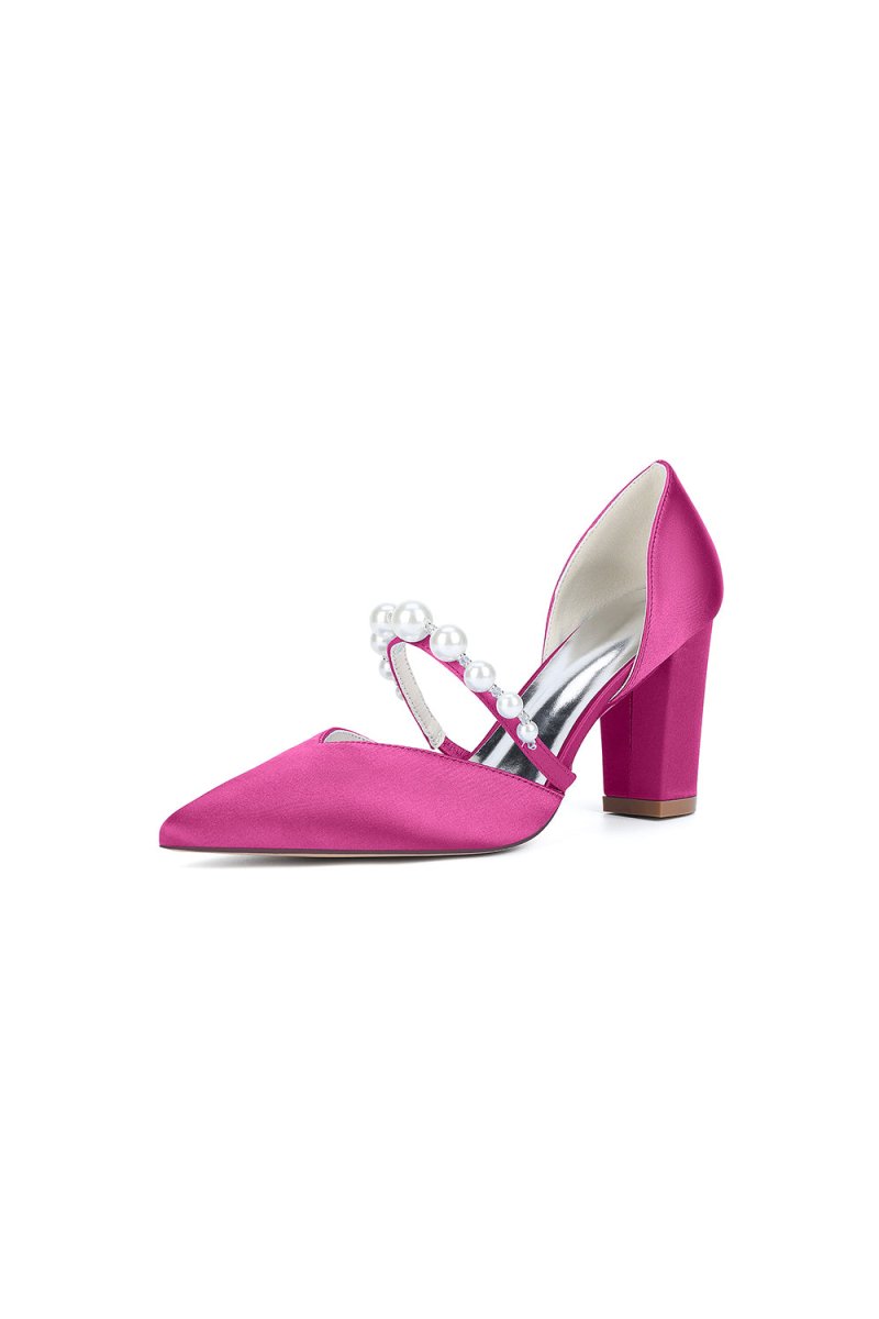 Fuchsia Satin High Heels with Pearl Accent - KissProm