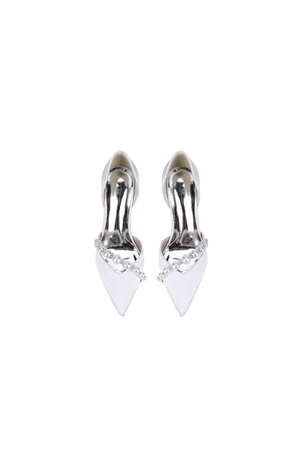 White Satin High Heels with Pearl Embellishments - KissProm