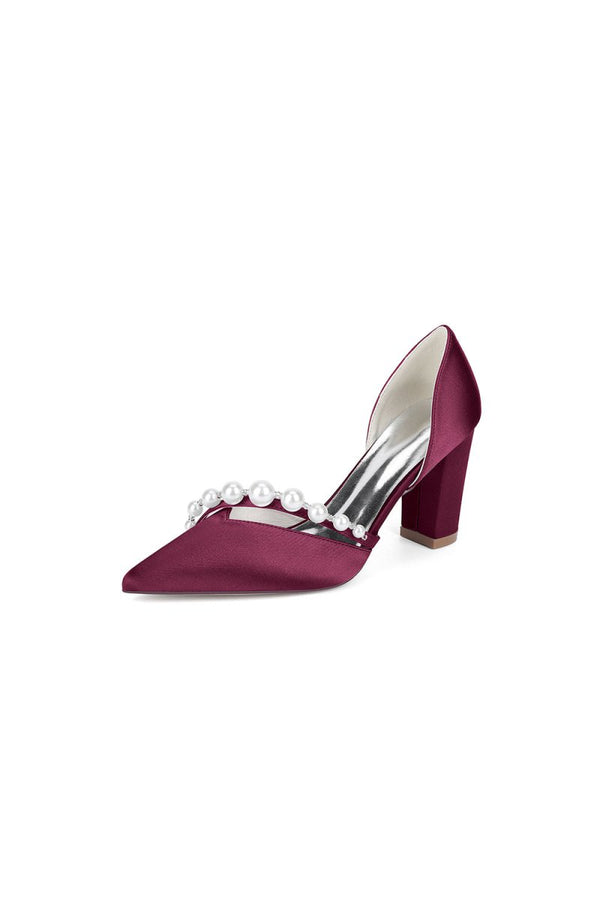 White Satin High Heels with Pearl Embellishments - KissProm