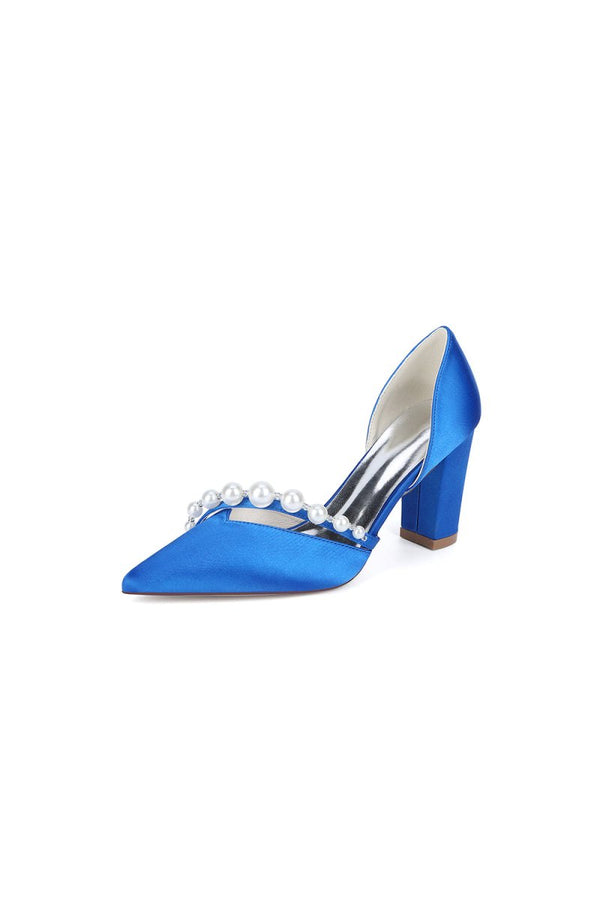 White Satin High Heels with Pearl Embellishments - KissProm