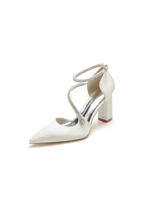 White Satin Pump with Cross - Strap and Beaded Buckle - KissProm