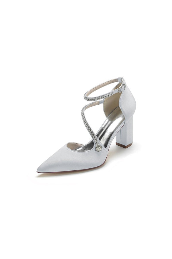 White Satin Pump with Cross - Strap and Beaded Buckle - KissProm