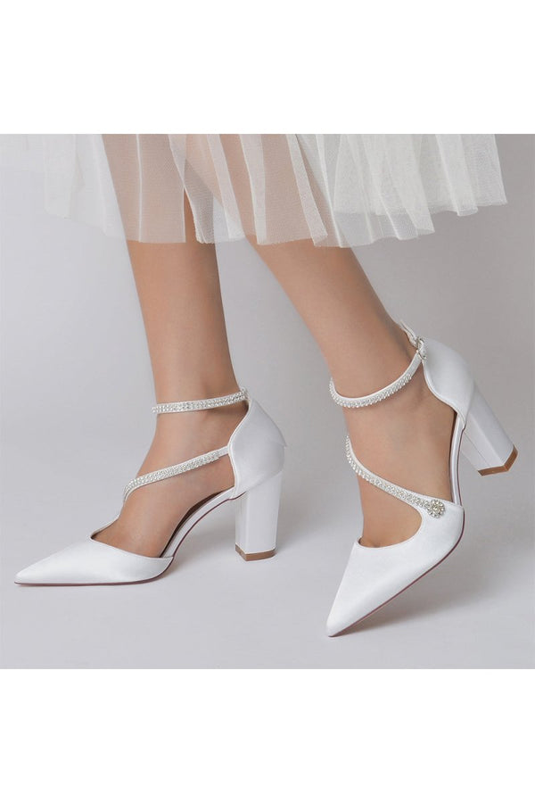 White Satin Pump with Cross - Strap and Beaded Buckle - KissProm